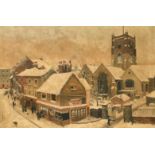 L Windsor (19th-20th Century) British. A Winter Town Scene with Figures, Oil on canvas, Signed and