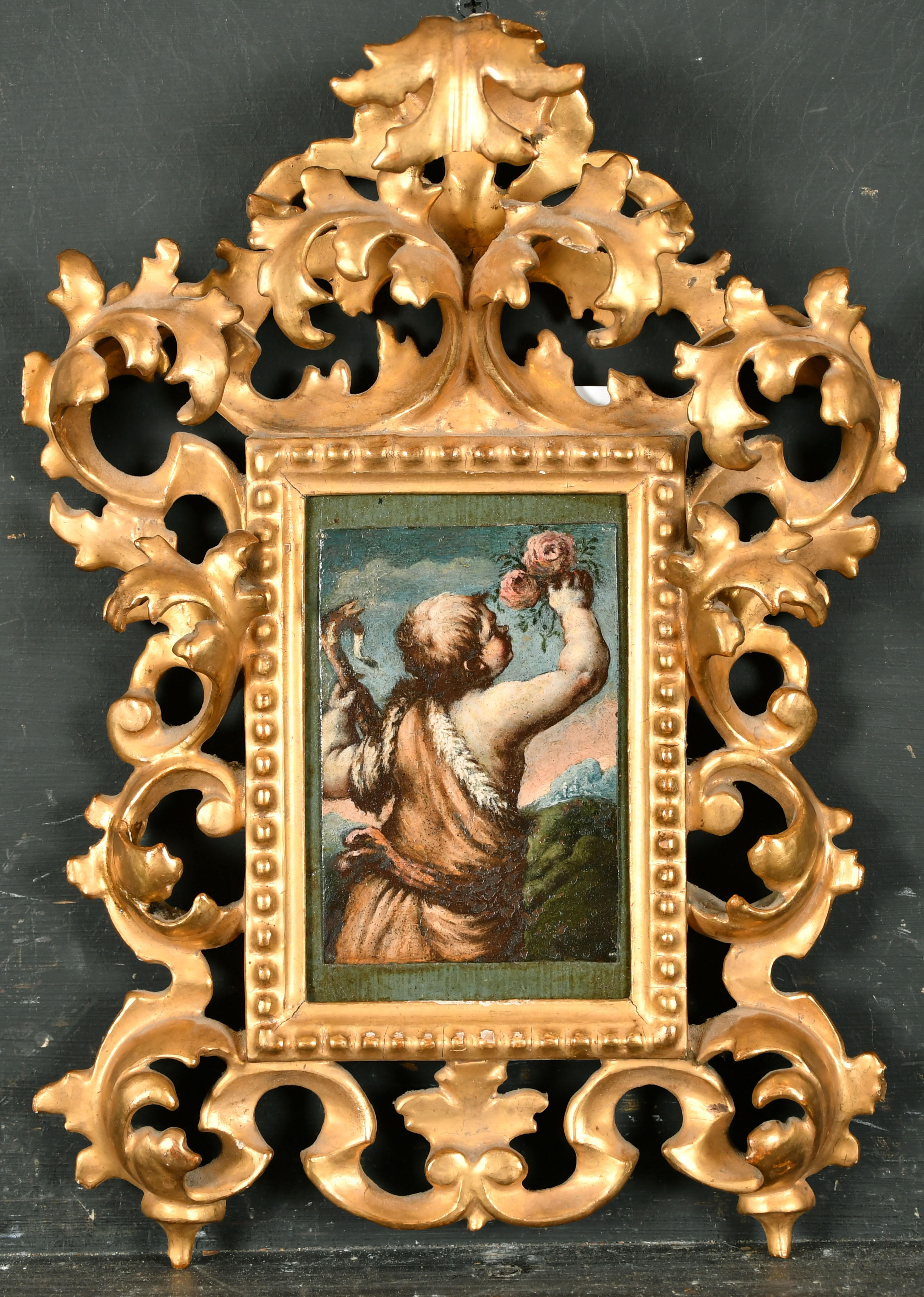 Early 17th Century Italian School. Infant St John The Baptist, Oil on copper, in a fine carved - Image 2 of 3