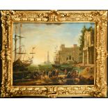 After Claude Lorrain (1600-1682) French. "The Port at Villa Medici, Naples", Oil on canvas, in a