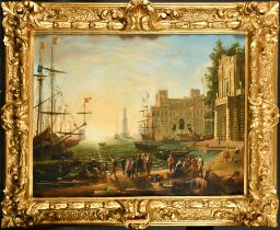 After Claude Lorrain (1600-1682) French. "The Port at Villa Medici, Naples", Oil on canvas, in a