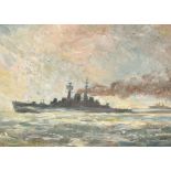 Norman Wilkinson (1878-1971) British. 'Battleship at Speed', Oil on artist's board, Signed and