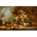 Manner of Mario dei Fiori Nuzzi (1603-1673) Italian. Still Life of Fruit on a Ledge, Oil on