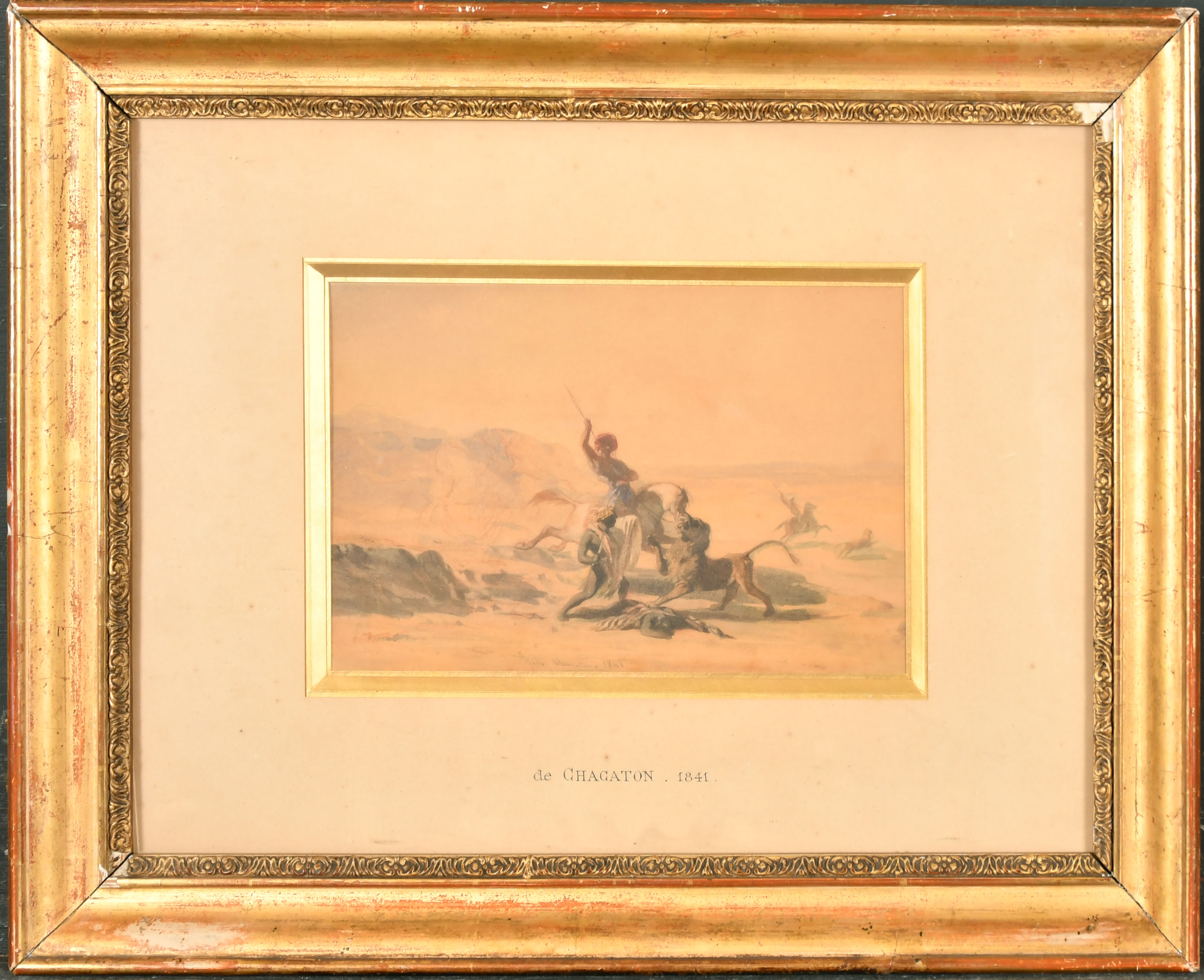 Henri de Chacaton (1813-1886) French. 'The Lion Hunt', Watercolour, Signed and dated 1841, 5.5" x - Image 2 of 4