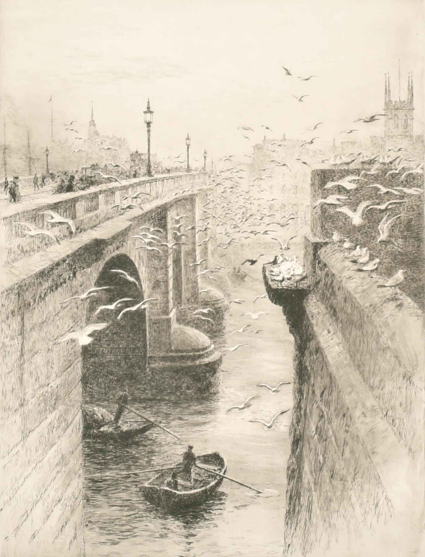 William Lionel Wyllie (1851-1931) British. "London Bridge & Southwark Cathedral", Etching, Signed in