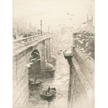 William Lionel Wyllie (1851-1931) British. "London Bridge & Southwark Cathedral", Etching, Signed in