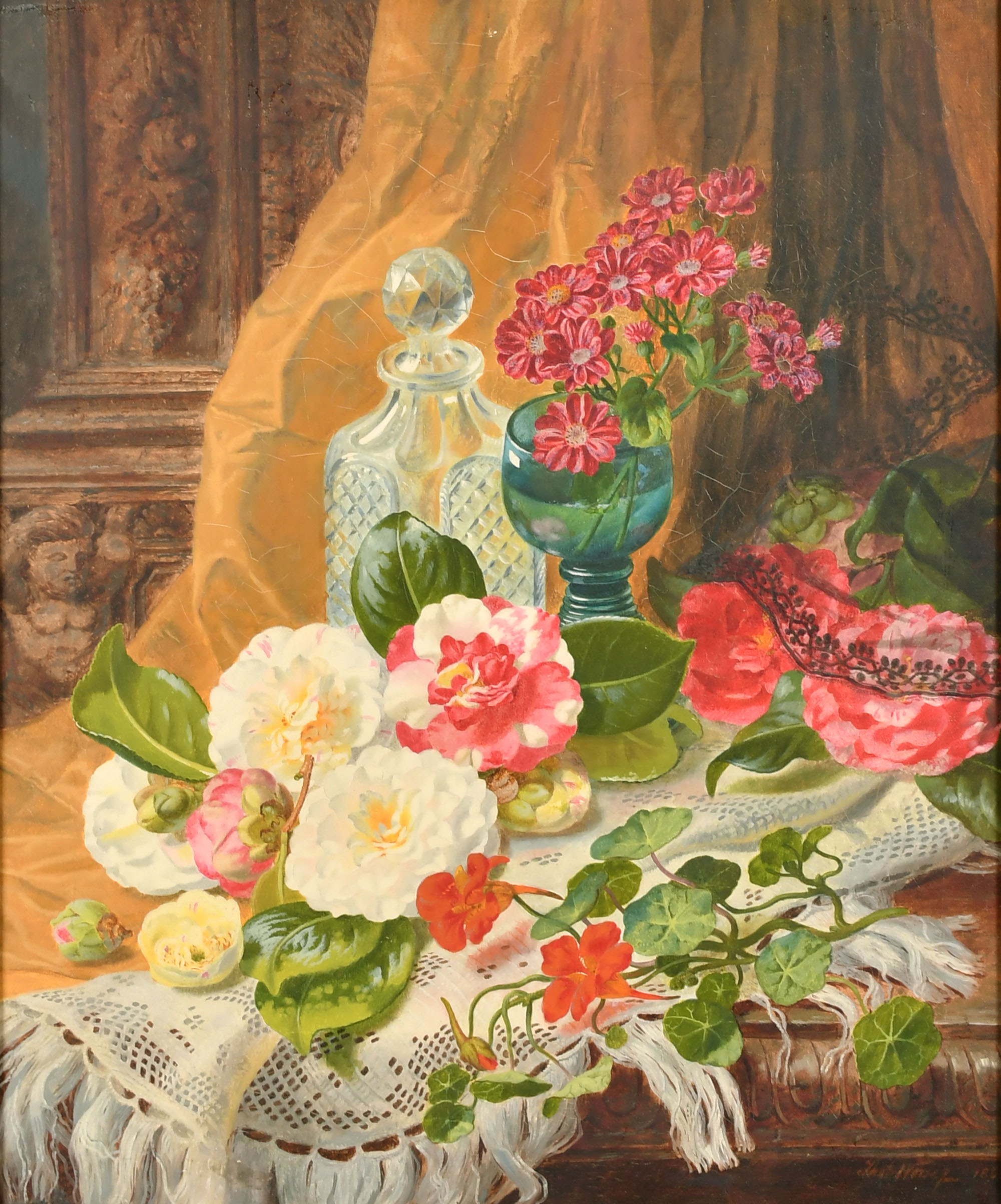Thomas Worsey (1829-1875) British. Still Life with Flowers in a Glass, Oil on canvas, Signed and