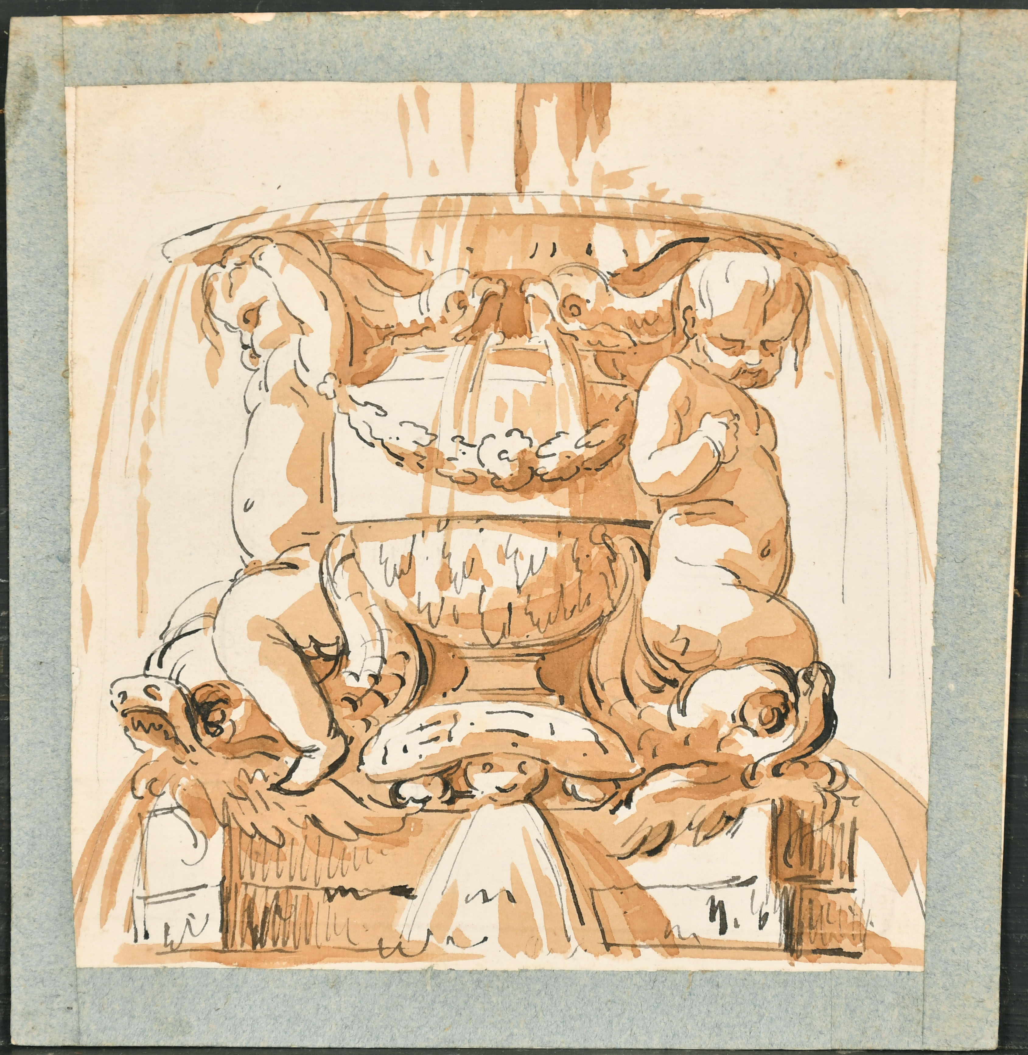 18th Century Italian School. Study of a Fountain with Cherubs, Watercolour and ink, Unframed 7" x - Image 2 of 3