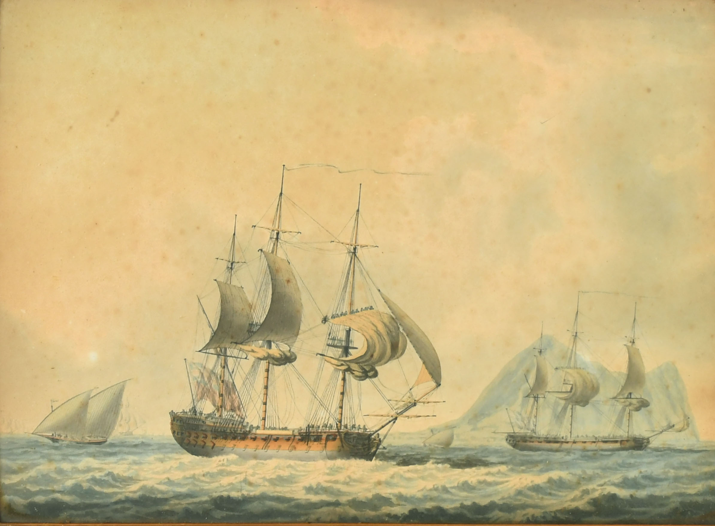 Francis Swaine (c.1720-1782) British. Shipping off the Rock of Gibraltar, Watercolour, Inscribed - Image 3 of 6