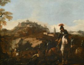 Late 17th Century Italian School. Figures on Horseback in a Classical Landscape, Oil on canvas, 14.