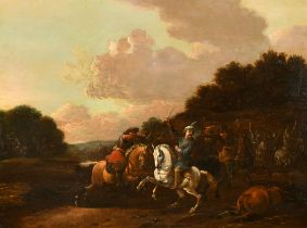 Manner of Carel van Falens (1683-1733) Flemish. A Cavalry Skirmish, Oil on panel, 12.5" x 16.75" (