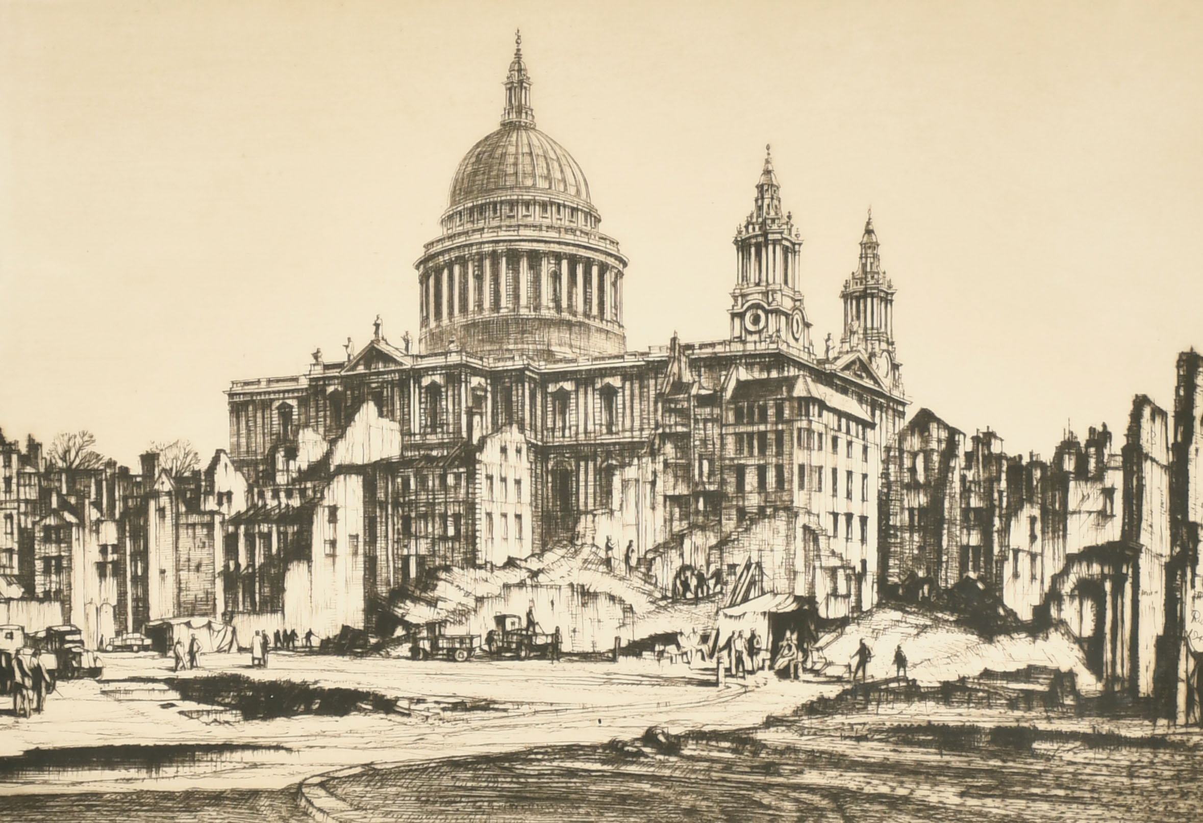 Henry George Rushbury (1889-1968) British. "St. Paul's from Paternoster Row", Etching, Signed in