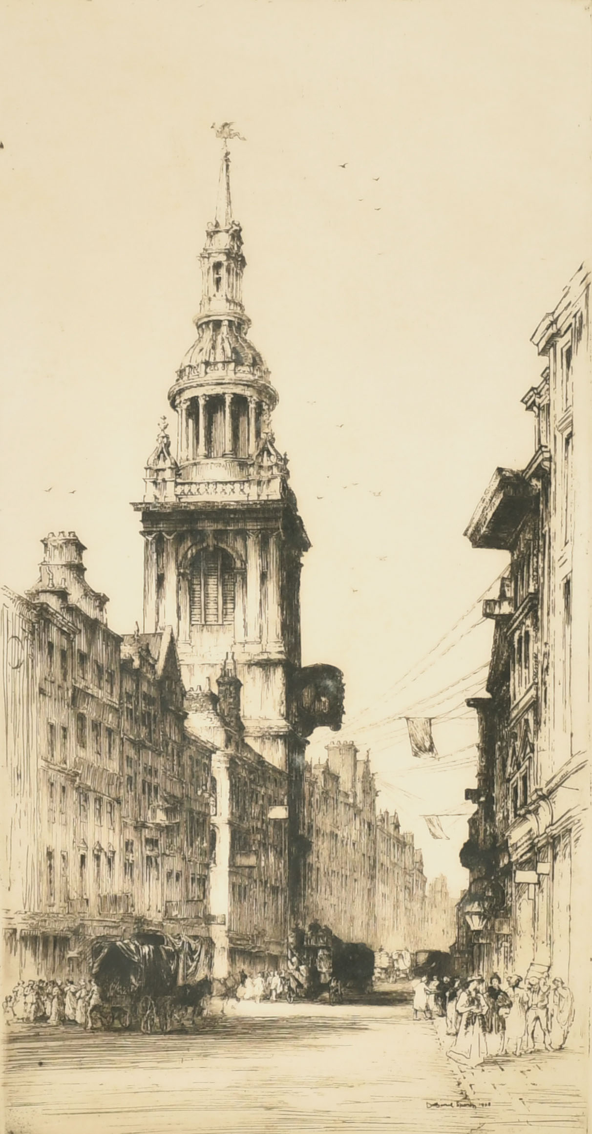 Nathaniel Sparks (1880-1957) British. "Bow Church, Cheapside", Etching, Signed in pencil, 15.25" x