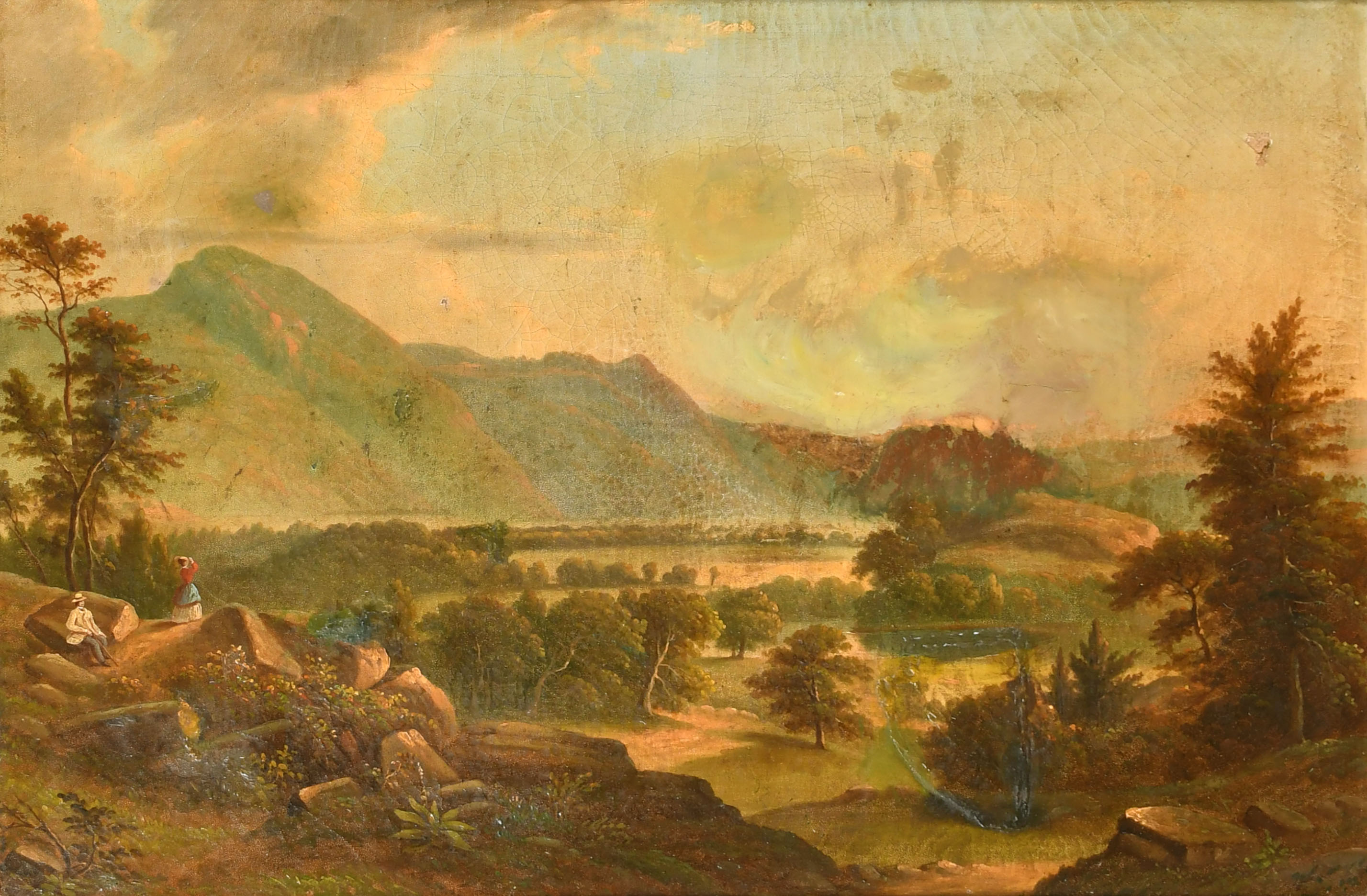 19th Century American School. Figures in a Mountainous Landscape, Oil on canvas, Inscribed on labels