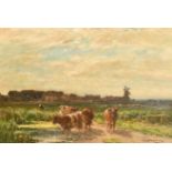 Owen Bowen (1873-1967) British. "Crossing the Lowlands, Norfolk", Cattle in a River Landscape, Oil