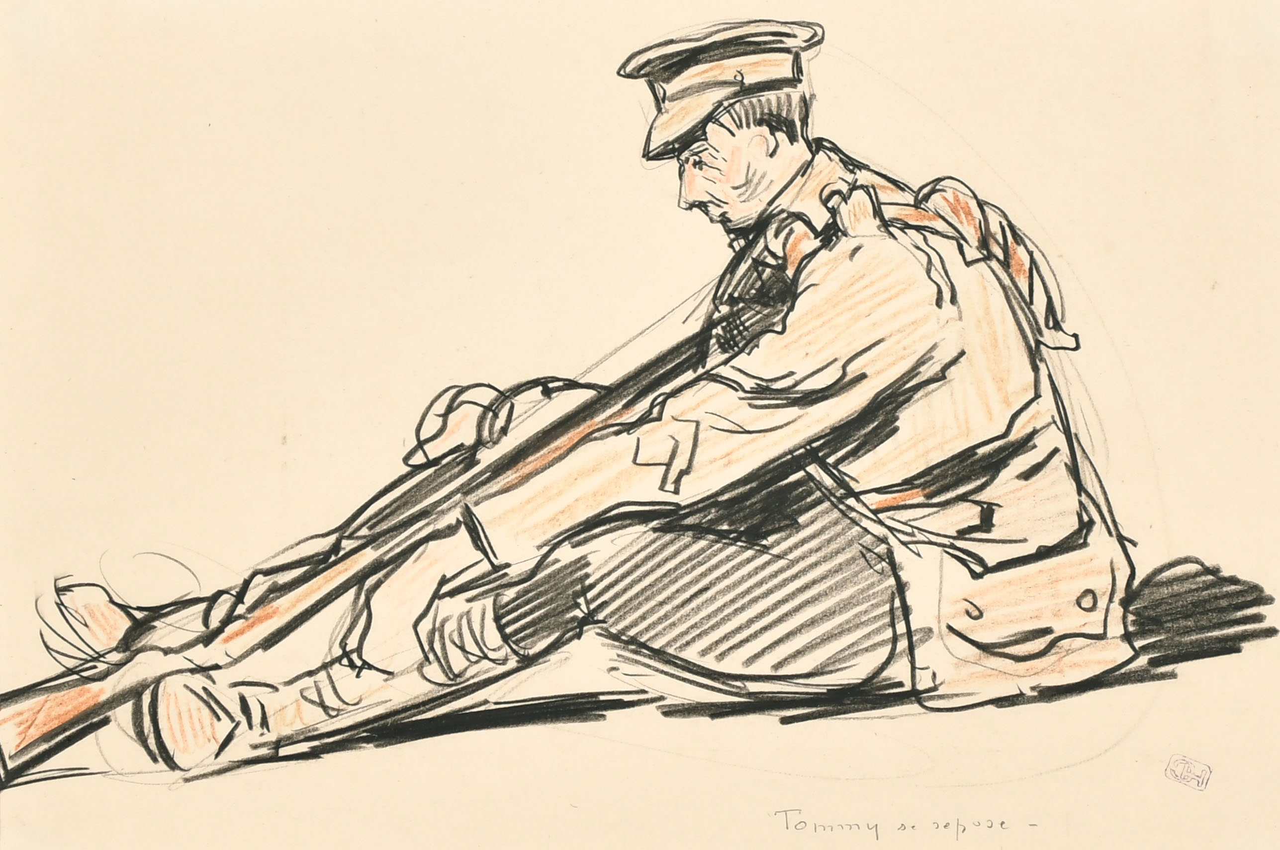 Henri-Lucien Cheffer (1880-1957) French. "Tommy se repose", Ink and crayon, Inscribed, and with