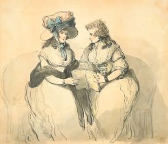 Richard Newton (1777-1798) British. Two Elegant Ladies Discussing a Book, Watercolour and ink,