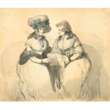 Richard Newton (1777-1798) British. Two Elegant Ladies Discussing a Book, Watercolour and ink,