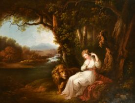Circle of Angelica Kauffman (1741-1807) Swiss. "Una and The Lion", Oil on canvas, 27" x 35.5" (68.