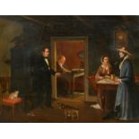 Early 19th Century American School. An Interior Scene with Figures, Oil on canvas, 13" x 15.75" (