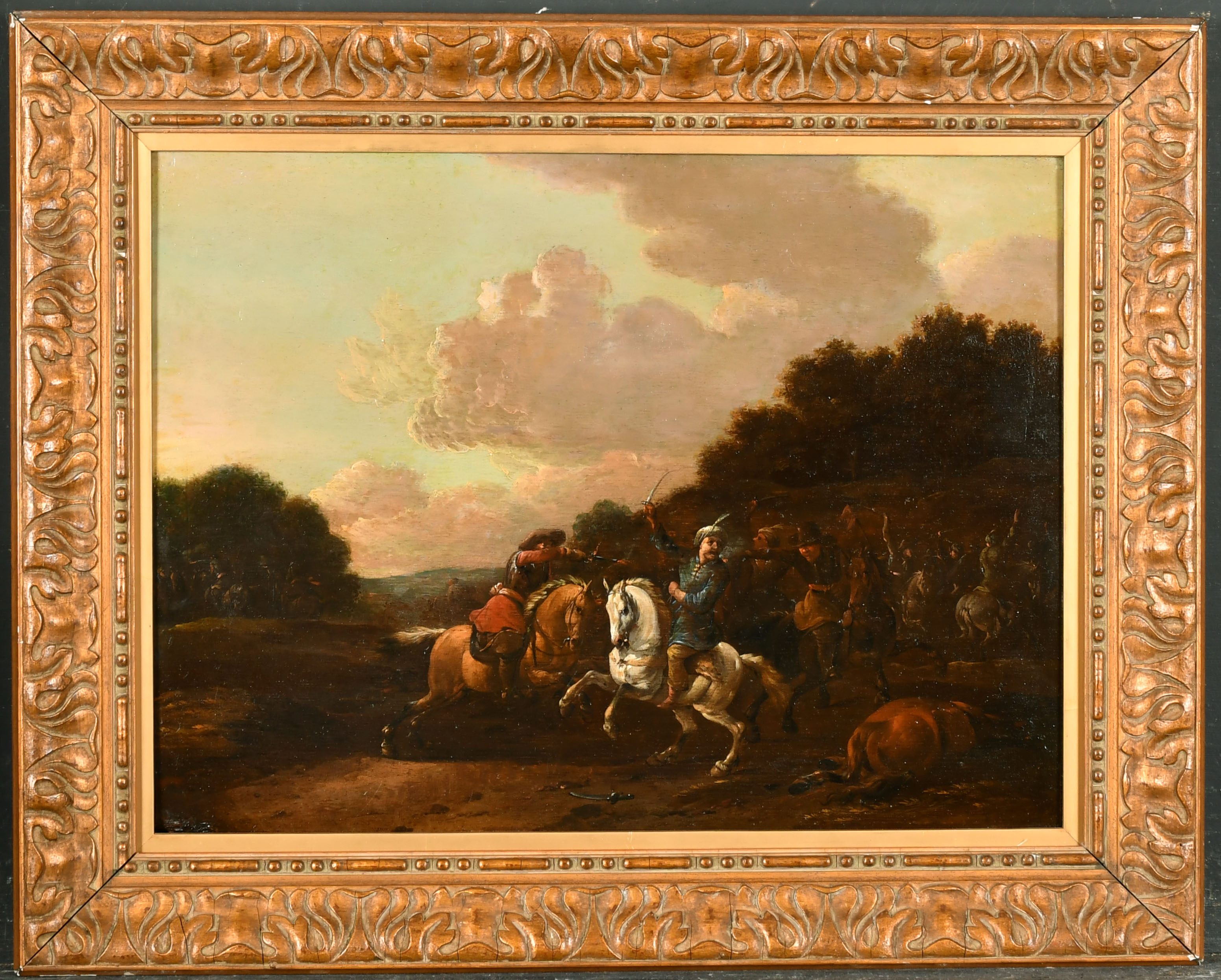 Manner of Carel van Falens (1683-1733) Flemish. A Cavalry Skirmish, Oil on panel, 12.5" x 16.75" ( - Image 2 of 3