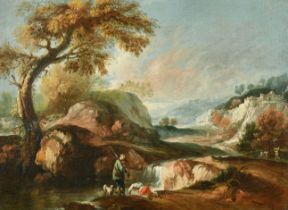 Circle of Giuseppe Zais (1709-1784) Italian. A Classical Landscape with Figures by the Water's Edge,