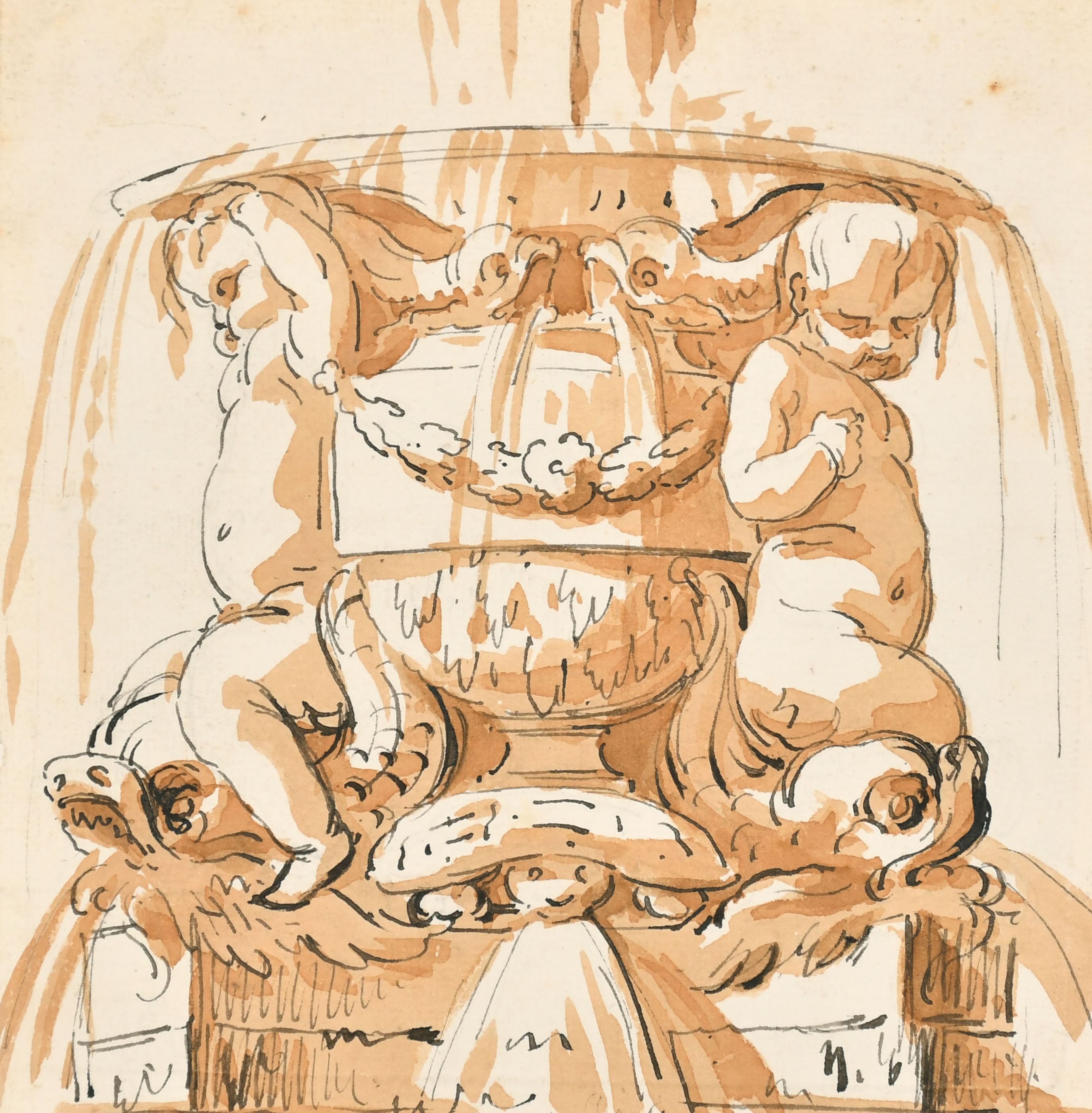 18th Century Italian School. Study of a Fountain with Cherubs, Watercolour and ink, Unframed 7" x