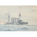 Frank Watson Wood (1862-1953) British. "HMS Leviathan", a Royal Naval Cruiser, Watercolour,
