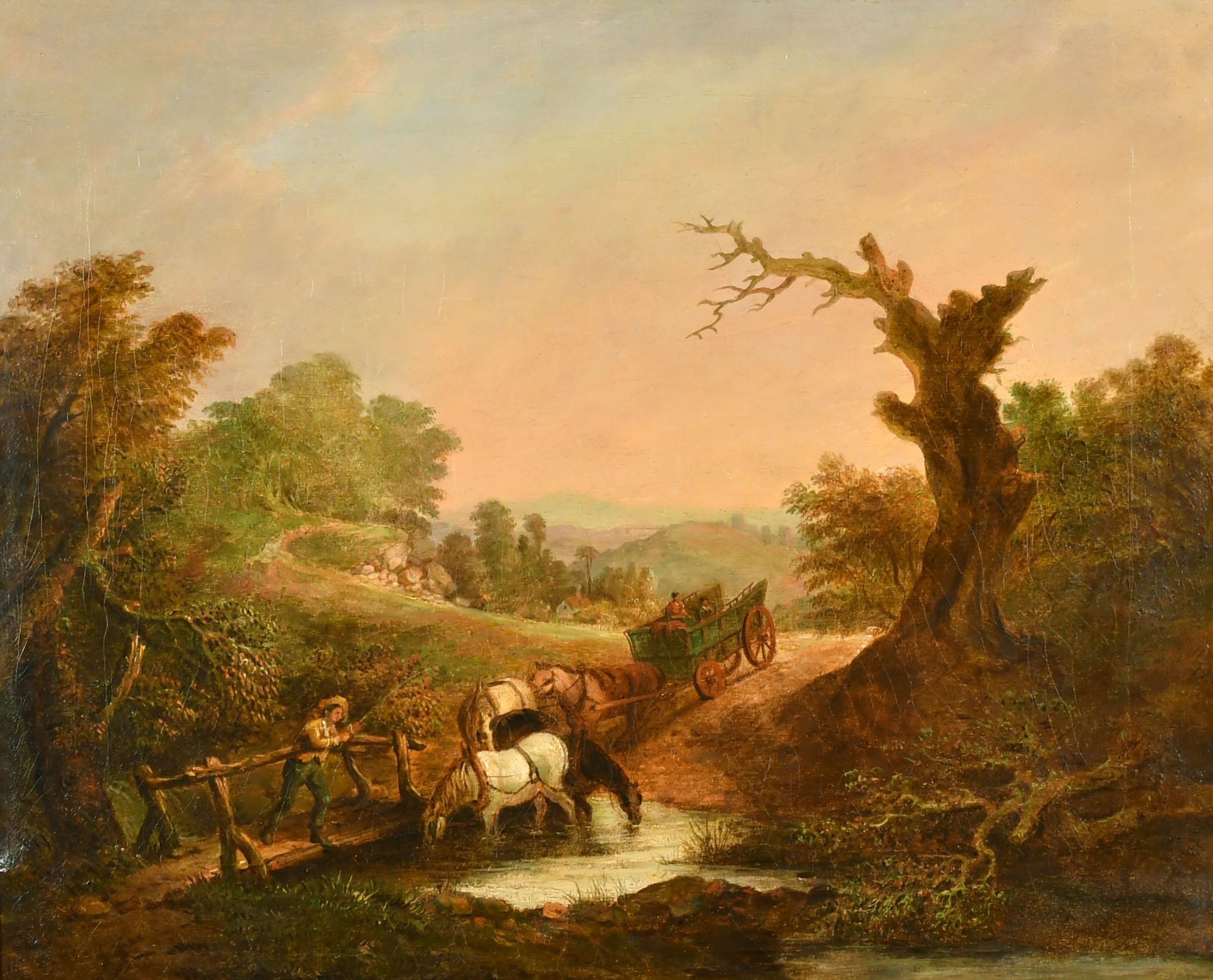 19th Century English School. Horses Watering in a River, Oil on canvas, 17" x 21" (43.2 x 53.3cm)