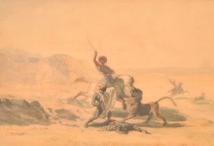 Henri de Chacaton (1813-1886) French. 'The Lion Hunt', Watercolour, Signed and dated 1841, 5.5" x