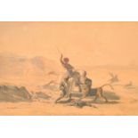 Henri de Chacaton (1813-1886) French. 'The Lion Hunt', Watercolour, Signed and dated 1841, 5.5" x