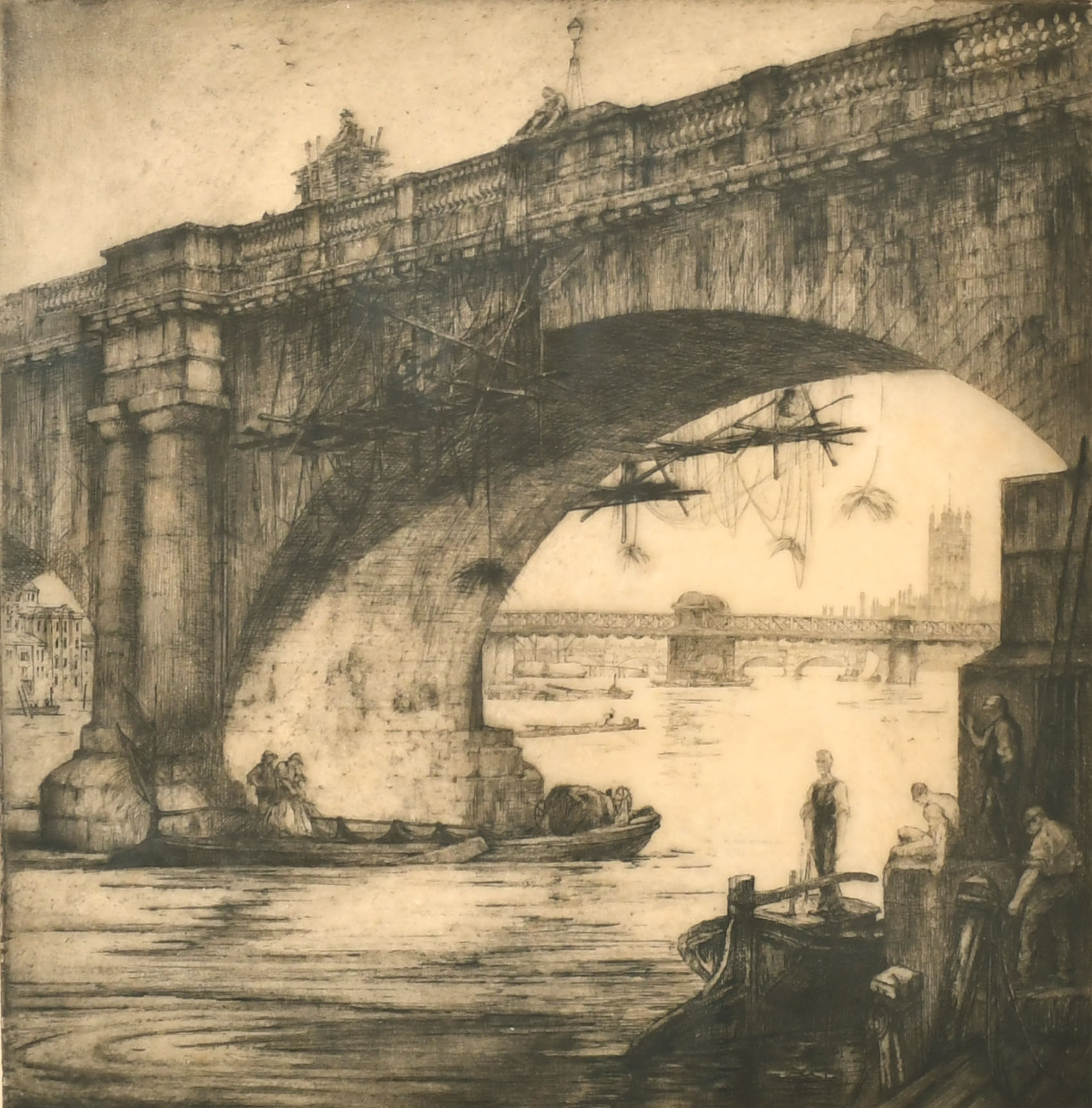 Nathaniel Sparks (1880-1957) British. "Waterloo Bridge", Etching, Signed in pencil, 11" x 11" (27.