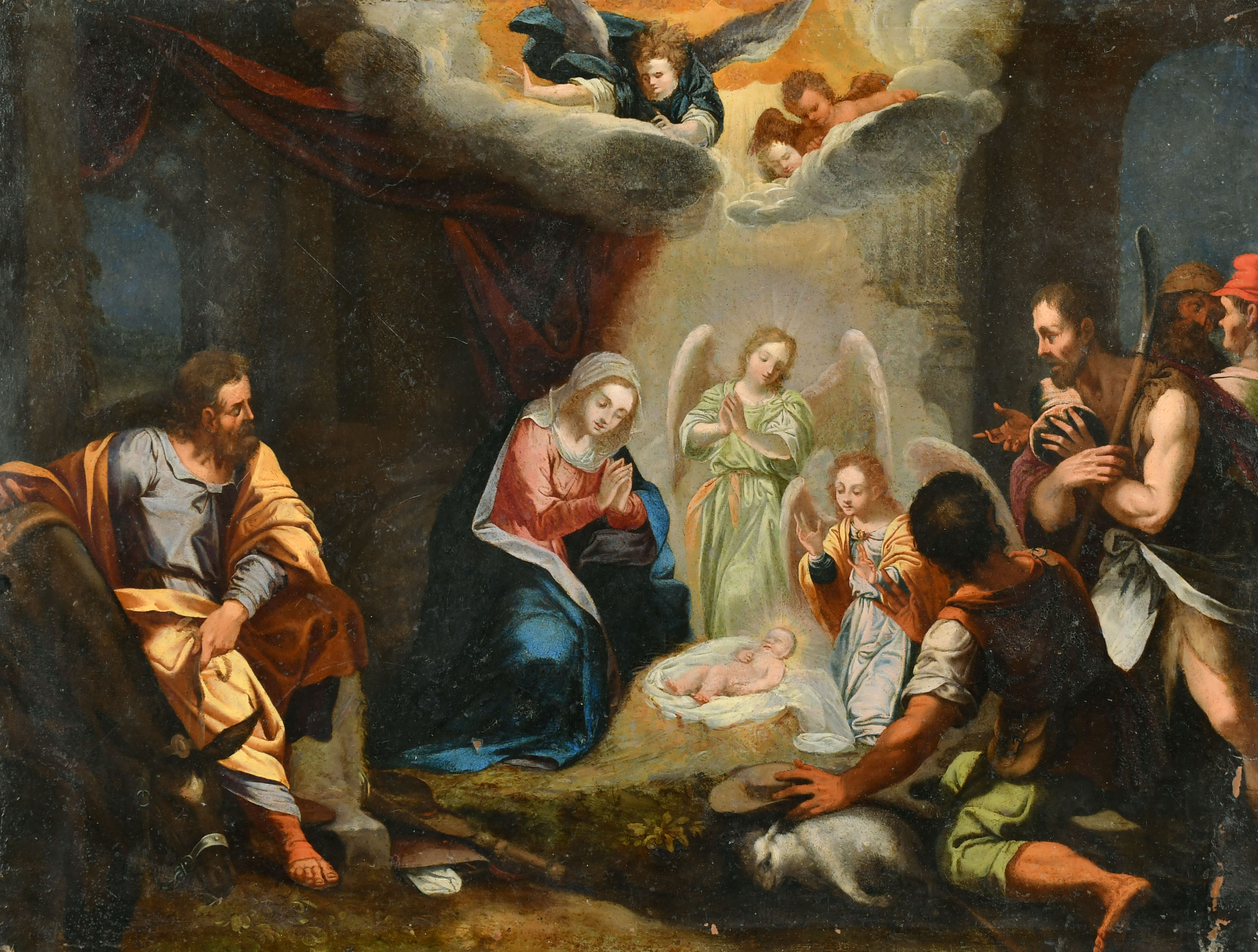 17th Century German School. Adoration of the Shepherds, Oil on copper, Unframed 10.25" x 13.75" (