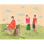 F. Martini (20th Century) European. Ladies Playing Golf, Watercolour, Signed, Unframed 15.75" x 19.