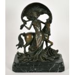 20th Century English School. Study of a Lady and a Unicorn, Bronze on a marble base, Overall: height