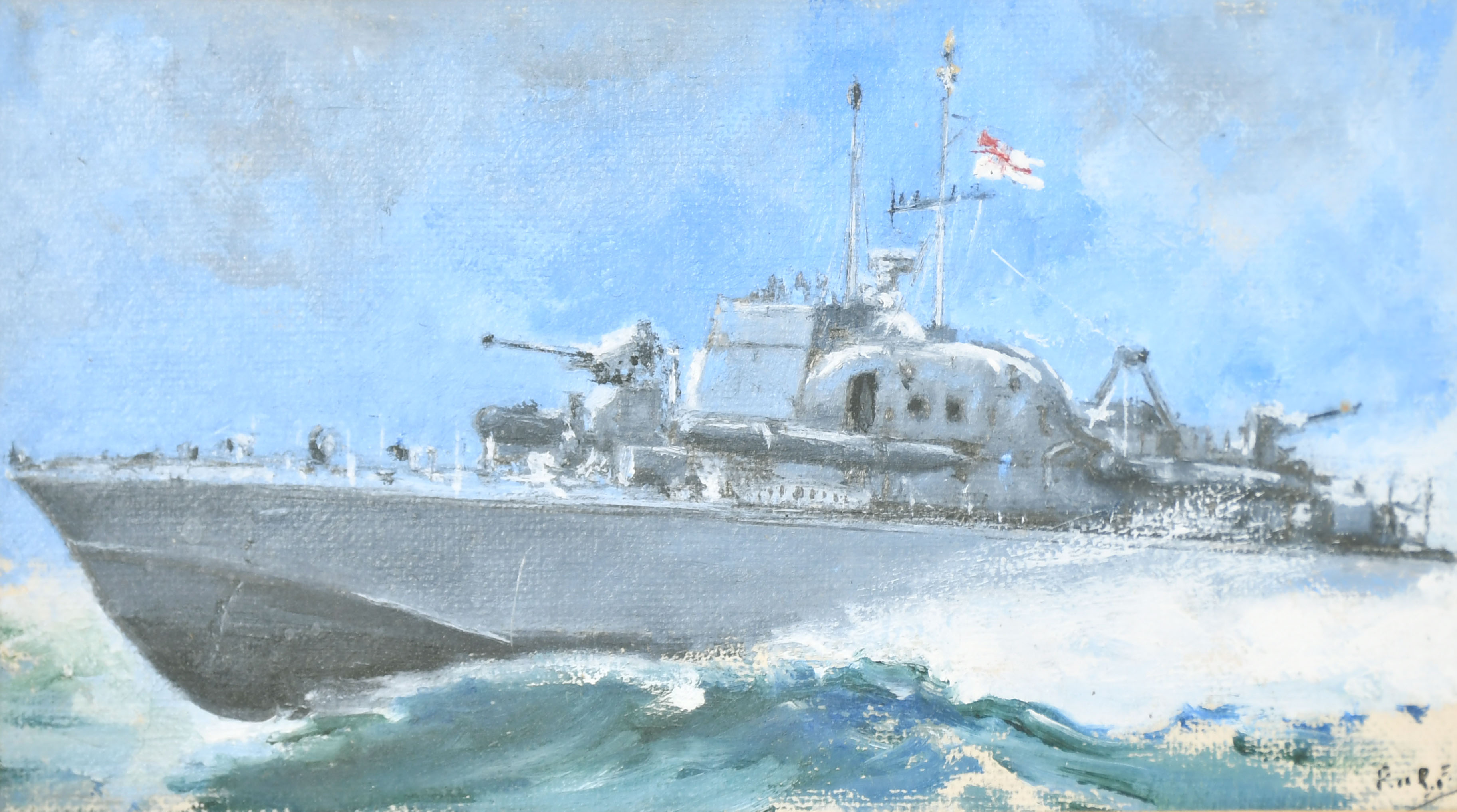 Robert Purves Flint (1883-1947) British. A WWII Motor Torpedo Boat, Oil sketch on board, Signed with