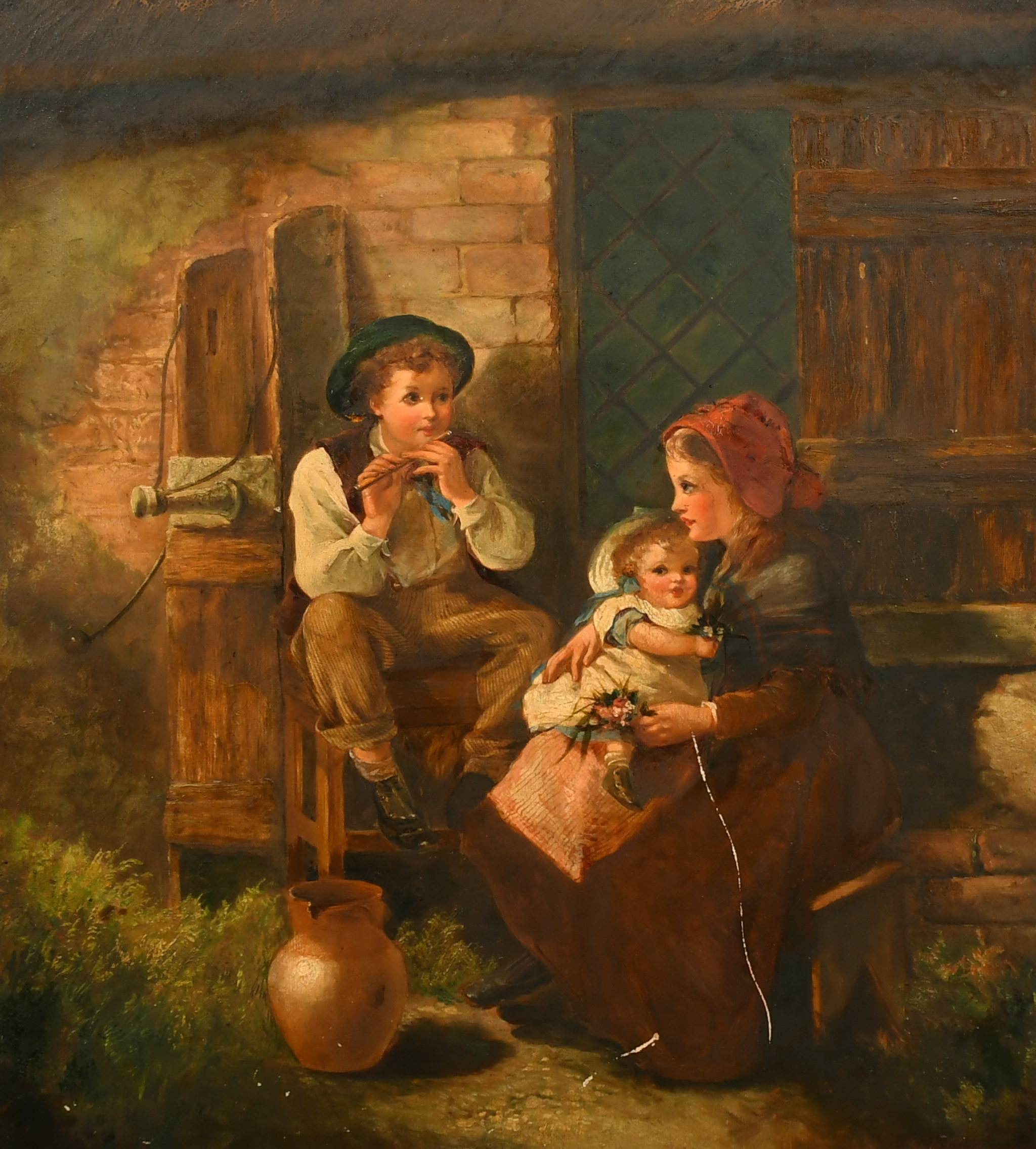 Kate Gray (act.1864-1931) British. Children by a Cottage Door, Oil on canvas, Signed and dated 1872,