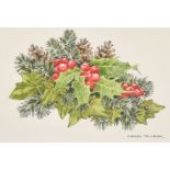Wendy Trinder (1942-2020) British. "Christmas Leaves", Line and Wash, Signed, Inscribed on a