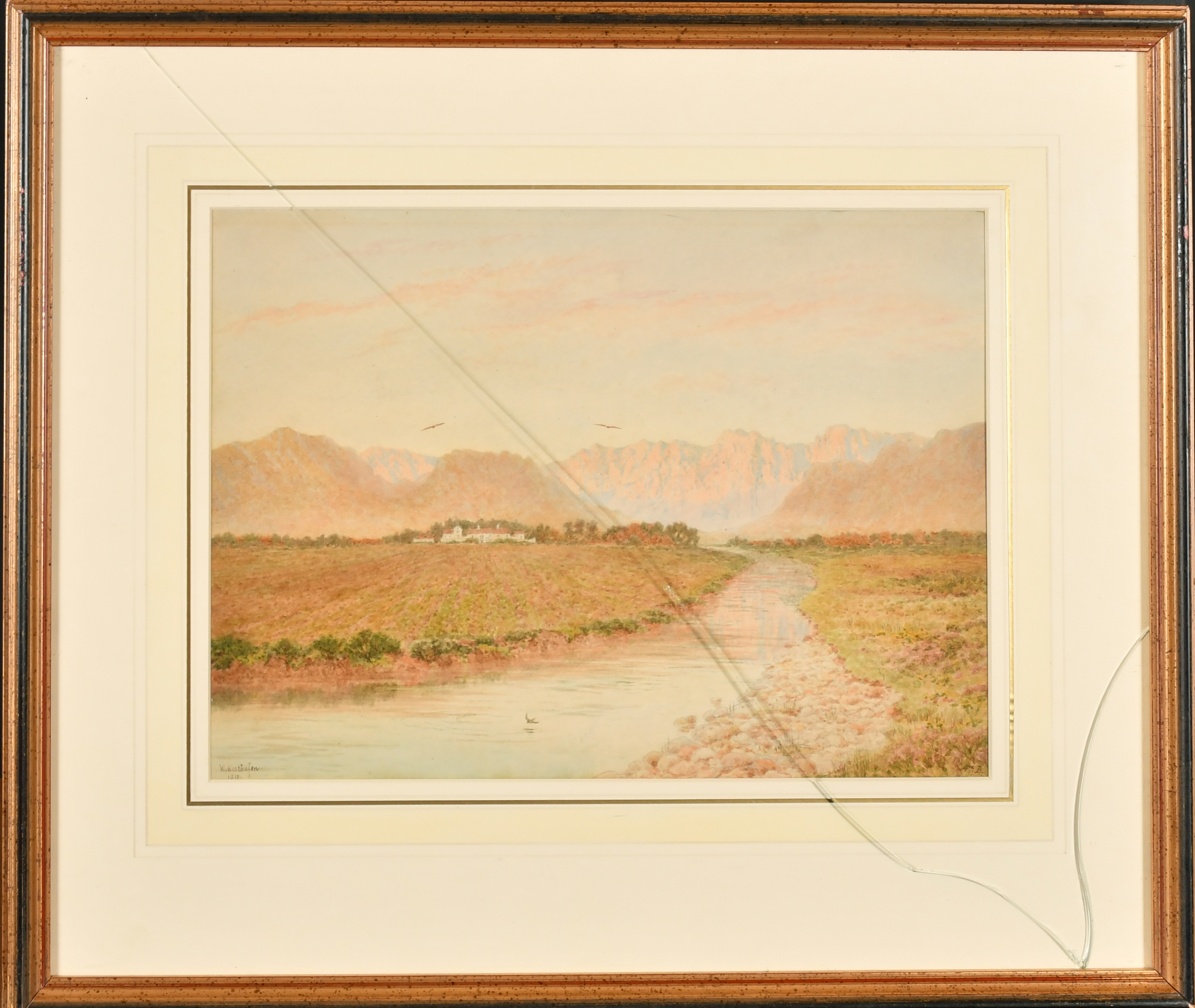 William Westhofen (1842-1925) German. ' A Winter Sunset near Swellendam", Watercolour, Signed, - Image 3 of 5