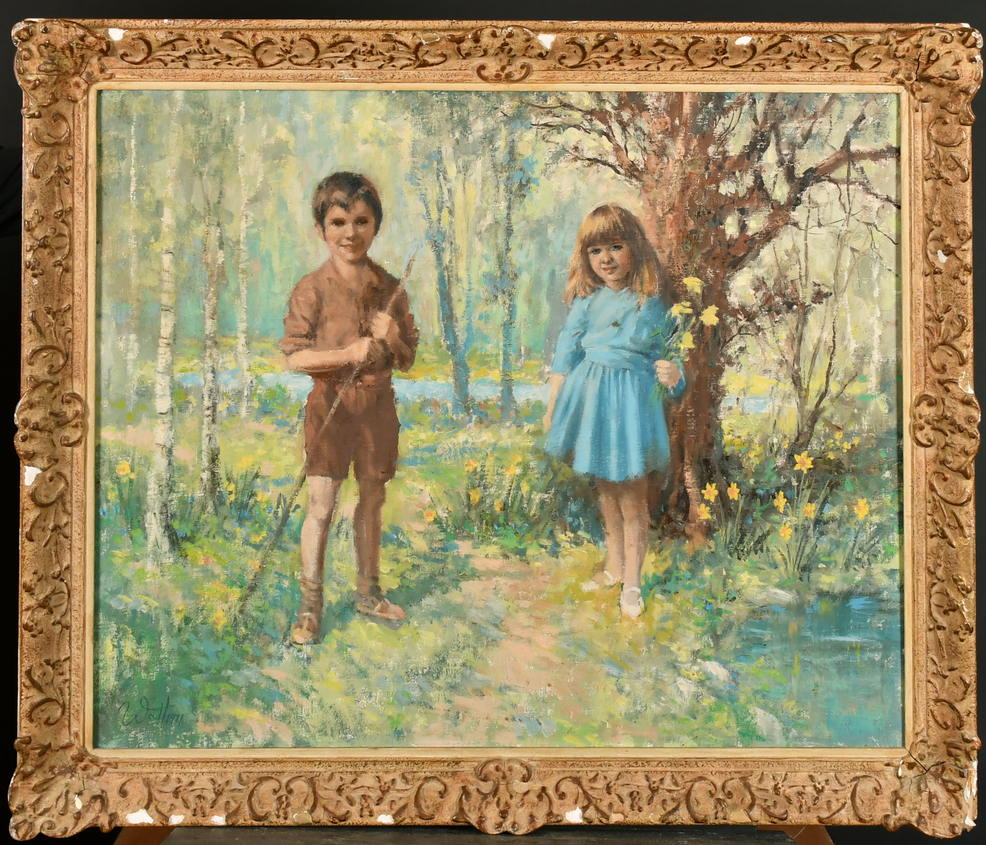 Watt (20th Century) British. Two Children in a Garden, Oil on board, Signed and dated 1971, 25" x - Image 2 of 5