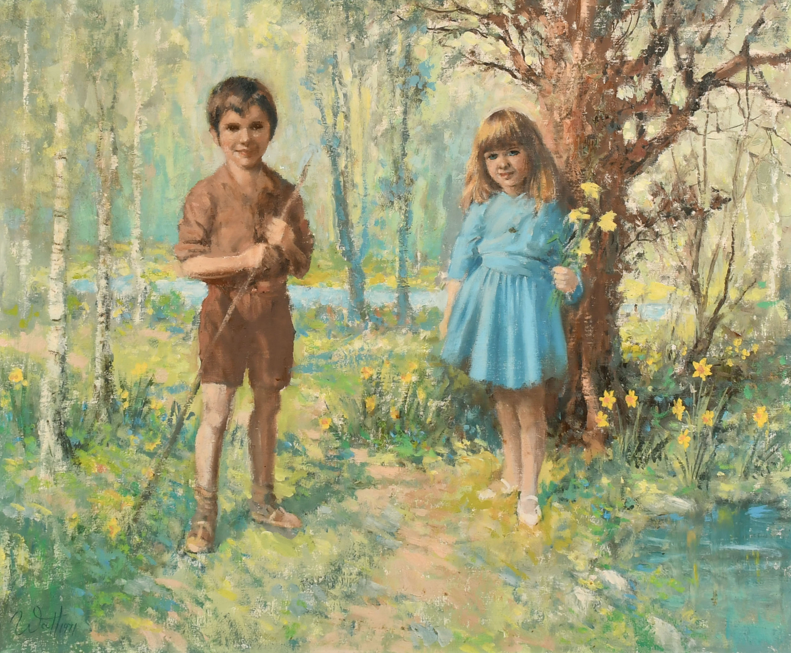 Watt (20th Century) British. Two Children in a Garden, Oil on board, Signed and dated 1971, 25" x