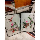 Pair of oriental bird scene silks .