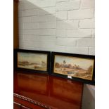 Pair of 1900s eastern scene watercolours depicting countryside scene s with camels in paintings both