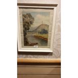 Early 1900s watercolour Wallace monument Stirling with River Allan to forefront signed B Cox Dated