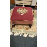 Large tapestry topped footstool with Queen Anne legs measuring 50 cms x 50 cms x30 cm.