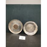 2 indian silver coin dishes with scene s . 117 grams gross weight .