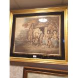 Large Victorian scene mirrored picture in fitted gold framing .