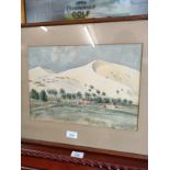 Watercolour of mountains eastern scene Signed Kay Couat 1950.