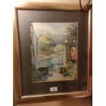 Water colour of a village lane with boats to bottom signed M Gibb 1977 .