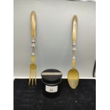 Pair of Scottish horn fork and porridge spoon with white metal binding together with white metal
