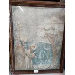 1900s Large Religious Medici monk scene picture fiited in a oak frame by Giotto . with details to